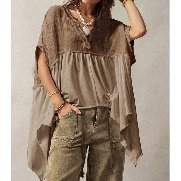 Tops - Solid Notched neck High Low Asymmetrical hem oversized Top